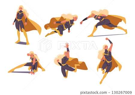 Beautiful woman superhero cartoon character in different poses isolated set on white background Beautiful woman superhero cartoon character in different poses isolated set on white background 130267009