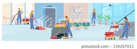 Cleaning service workers team wearing uniform using professional equipment cleansing office premises 130267011