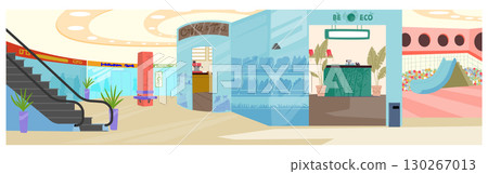 Neat shiny shopping mall department stores design interior after cleaning service work cartoon scene 130267013