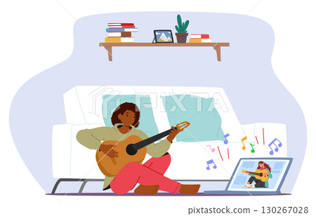 Young woman character learning playing acoustic guitar using laptop for remote music lesson 130267028