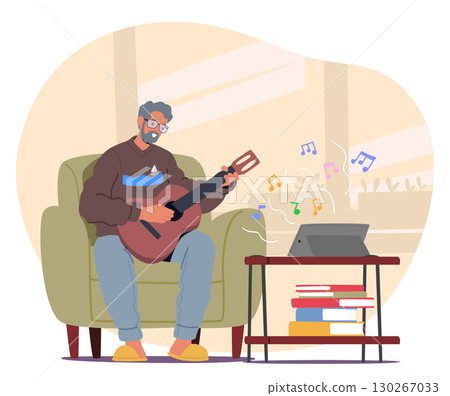Senior man cartoon character learning playing guitar taking online lesson on laptop computer at home 130267033