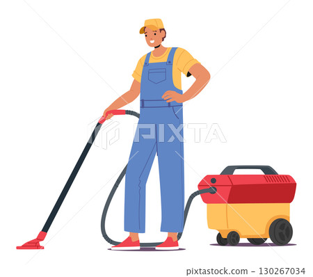 Young man cleaning service worker cartoon character vacuuming floor with professional equipment Young man cleaning service worker cartoon character vacuuming floor with professional equipment 130267034