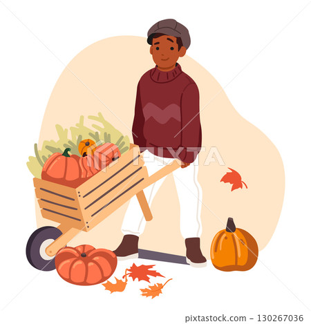 Little boy farmer cartoon character carrying wheelbarrow with ripe pumpkin autumn harvest scene Little boy farmer cartoon character carrying wheelbarrow with ripe pumpkin autumn harvest scene 130267036