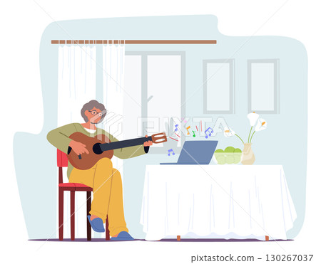 Retired elderly woman cartoon character learning playing guitar at home using online service Retired elderly woman cartoon character learning playing guitar at home using online service 130267037