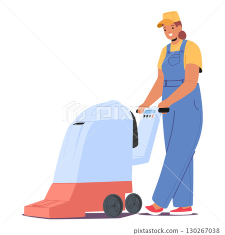 Woman cleaning service worker cartoon character using professional equipment for floor sweeping 130267038