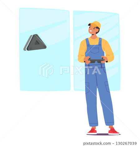 Cleaning service worker cartoon character using modern remote controlled equipment for glass washing 130267039
