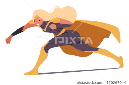 Strong woman superhero cartoon character in action fighting pose punching isolated on white 130267044
