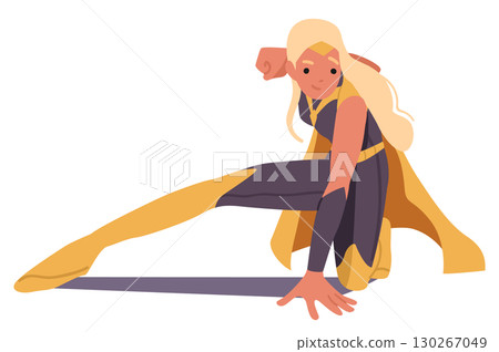 Strong brave woman superhero cartoon character lurking to deliver powerful blow isolated on white 130267049