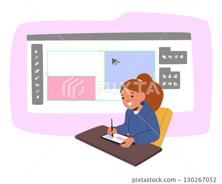 Happy schoolgirl character studying graphic editor interface learning art web design at lesson Happy schoolgirl character studying graphic editor interface learning art web design at lesson 130267052