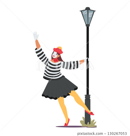 Pretty woman mime actress character dancing around street lamp performing isolated on white Pretty woman mime actress character dancing around street lamp performing isolated on white 130267053