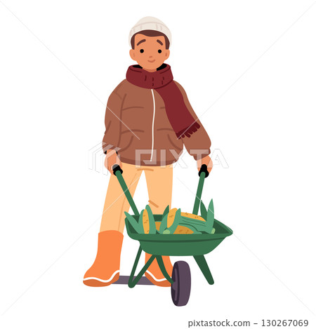 Cute preteen boy child cartoon character carrying wheelbarrow with sweet corncob autumn crop 130267069