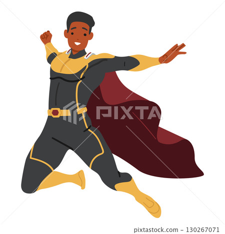 Brave disguised man superhero cartoon character jumping up high isolated on white background 130267071
