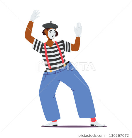 Cute mime actor cartoon character wearing black-and-white striped pullover playing scared emotion Cute mime actor cartoon character wearing black-and-white striped pullover playing scared emotion 130267072