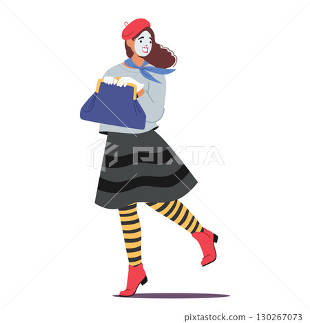 Attractive woman mime actress cartoon character running with handbag isolated on white background Attractive woman mime actress cartoon character running with handbag isolated on white background 130267073