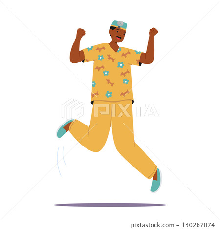 Happy excited surgeon doctor cartoon character jumping up high with raised hands isolated on white Happy excited surgeon doctor cartoon character jumping up high with raised hands isolated on white 130267074