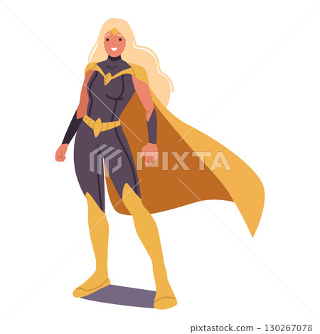 Attractive smiling woman superhero cartoon character in suit and cloak standing isolated on white 130267078