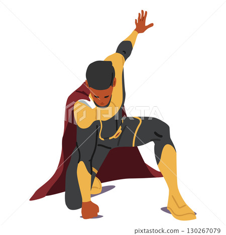 Man superhero cartoon character showcasing strength and power punching ground isolated on white 130267079