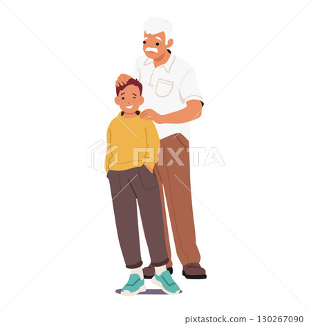 Happy grandfather with grandson cartoon characters standing together isolated on white background Happy grandfather with grandson cartoon characters standing together isolated on white background 130267090