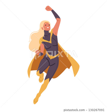 Courageous woman superhero cartoon character jumping high with clenched fists isolated on white Courageous woman superhero cartoon character jumping high with clenched fists isolated on white 130267091