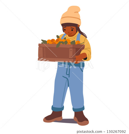 Cute preschool girl child cartoon character holding wooden crate with apricot autumn harvest 130267092