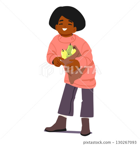 Happy girl child cartoon character holding sack with pears fruits autumn harvest isolated on white 130267093