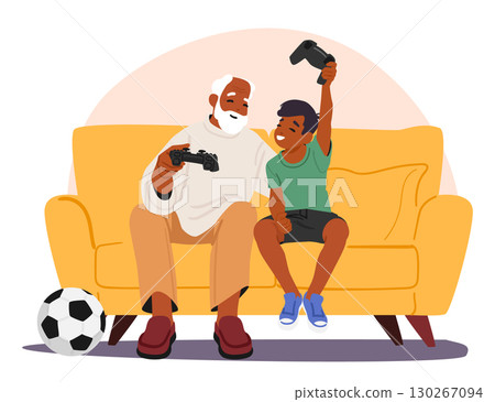 Happy grandfather and grandson playing videogames sitting on cozy home couch vector illustration 130267094