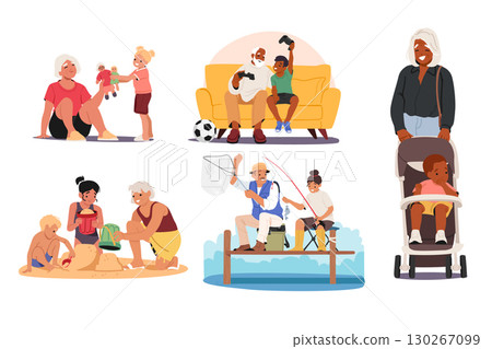Happy grandparents spending time with children cartoon scene isolated set on white background 130267099