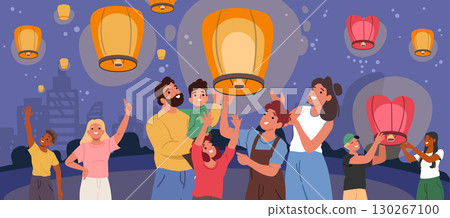 Happy family traditional Chinese paper lantern celebrating festival outdoors cartoon background Happy family traditional Chinese paper lantern celebrating festival outdoors cartoon background 130267100