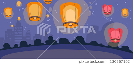 Flying traditional Chinese paper lanterns over night panoramic cityscape cartoon festive background 130267102