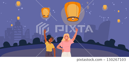 Happy children launching Chinese paper lanterns into evening sky cartoon vector illustration 130267103
