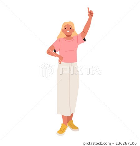 Happy smiling teenage girl cartoon child character standing with raised hand up isolated on white 130267106
