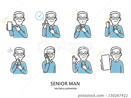 Illustration set of an elderly man operating a smartphone Illustration set of an elderly man operating a smartphone 130267422