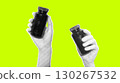Two hands holding black bottles in halftone effect. Minimalist black and white graphic design for posters and print materials 130267532