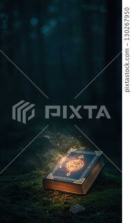 An ancient magical book with a glowing arcane symbol rests on mossy ground in a dark, enchanted forest, emanating mystic light and ethereal smoke. 130267950