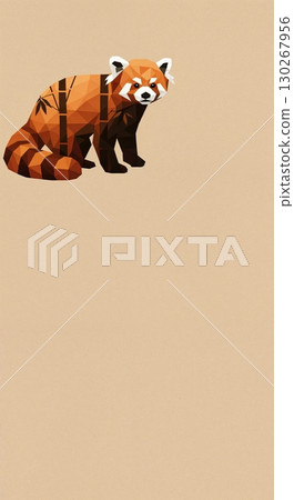 A stylized low-poly red panda depicted with orange and brown geometric facets and subtle bamboo details, presented on a clean light beige background. 130267956