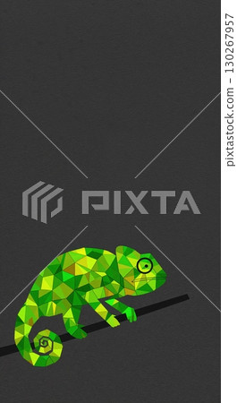 A vibrant low-poly chameleon with green and yellow geometric patterns perches on a dark branch against a textured gray background, offering ample copy space for design. A vibrant low-poly chameleon with green and yellow geometric patterns perches on a dark branch against a textured gray background, offering ample copy space for design. 130267957