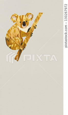 A stylized koala bear with a low-poly, leaf-textured body clings to a brown branch, set against a clean light beige background with ample copy space. 130267972