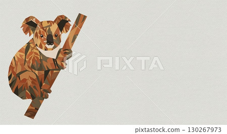A stylized low-poly graphic of a koala bear composed of autumnal leaf patterns, clinging to a branch against a textured light gray background with ample copy space. 130267973