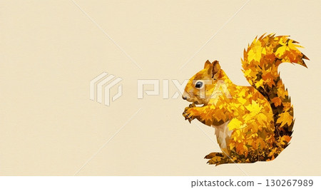 A clean graphic design concept featuring a stylized low-poly squirrel composed of vibrant golden autumn leaves, sitting in profile and eating on a minimal cream background. 130267989