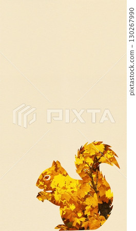 A stylized graphic design features a squirrel silhouette filled with vibrant yellow and orange autumn maple leaves and a tree branch, set against a light beige background with ample copy space. 130267990