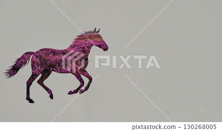 Stylized double exposure artwork showcases a galloping horse outline containing a field of rich purple flowers on a simple light-toned backdrop. 130268005
