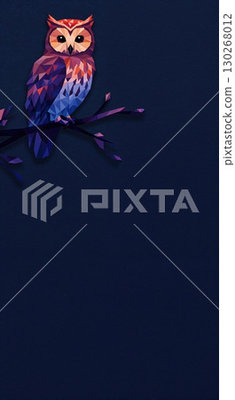 A vibrant low-poly owl with colorful geometric patterns perches on a dark branch, set against a deep navy blue background with generous copy space. A vibrant low-poly owl with colorful geometric patterns perches on a dark branch, set against a deep navy blue background with generous copy space. 130268012