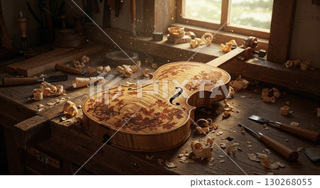 A beautifully crafted string instrument with intricate leaf inlay rests on a rustic luthier's workbench, surrounded by wood shavings and carving tools in soft, dusty sunlight. A beautifully crafted string instrument with intricate leaf inlay rests on a rustic luthier's workbench, surrounded by wood shavings and carving tools in soft, dusty sunlight. 130268055