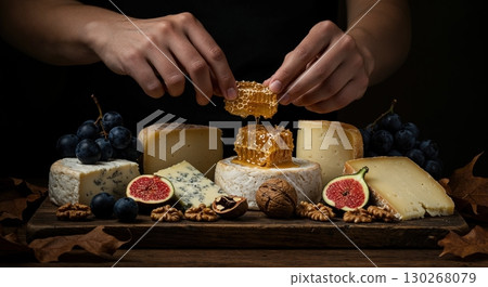 A person's hands gently place golden honeycomb onto a rustic cheese board displaying gourmet cheeses, dark grapes, fresh figs, and walnuts under warm, dramatic lighting. 130268079