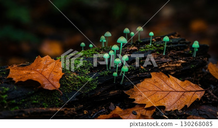 A hyperdetailed macro view of a cluster of small, glowing green mushrooms growing on a moss-covered log amidst fallen autumn leaves in a dark forest setting. 130268085