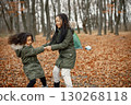 Beautiful little black girls standing near tent in the forest. Two little sisters dancing in autumn forest. Black girls wearing khaki coats. 130268118