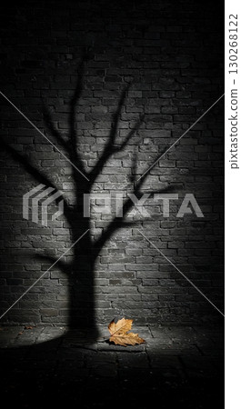 A dramatic shadow of a bare tree with intricate branches cast upon a dark textured brick wall, highlighting a single fallen brown leaf on the contrasting paved ground. 130268122