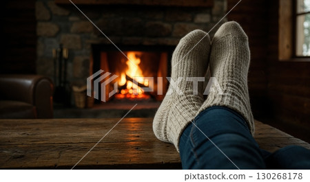 Person's legs in warm knitted socks and blue jeans rest comfortably on a rustic wooden table in front of a cozy stone fireplace with a glowing fire, creating a relaxing winter atmosphere. Person's legs in warm knitted socks and blue jeans rest comfortably on a rustic wooden table in front of a cozy stone fireplace with a glowing fire, creating a relaxing winter atmosphere. 130268178