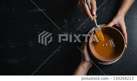 A top-down view shows a person's hands delicately dipping a paint-laden brush into a vibrant orange liquid held within a rustic brown ceramic bowl on a dark, textured surface. 130268223