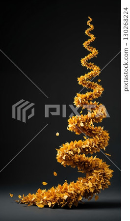 A beautiful swirling spiral of vibrant golden autumn leaves gracefully ascends from a dark ground against a deep black background, symbolizing seasonal change and artistic flow. 130268224